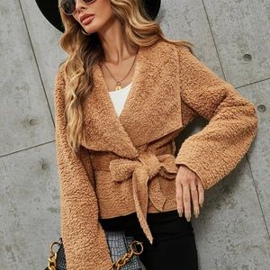 Belted teddy fleece sherpa jacket coat camel tan waterfall open cardigan